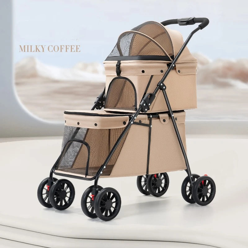 Lightweight Double-Layer Foldable Pet Stroller for Two Pets