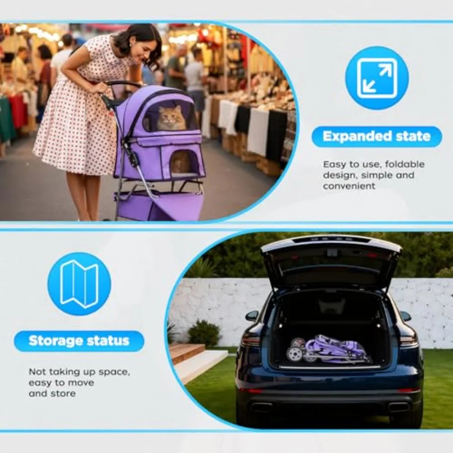 BestOffice 3-Wheel Foldable Pet Stroller with Cup Holder — Lightweight Travel Carrier for Small & Medium Dogs & Cats