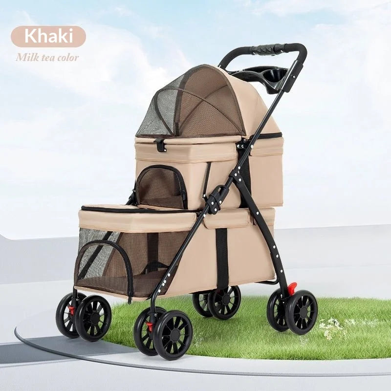 Folding Double Pet Stroller 4 Wheels Breathable Mesh Travel Carrier Wagon for 2 Small Dogs Cats Outdoor Walking