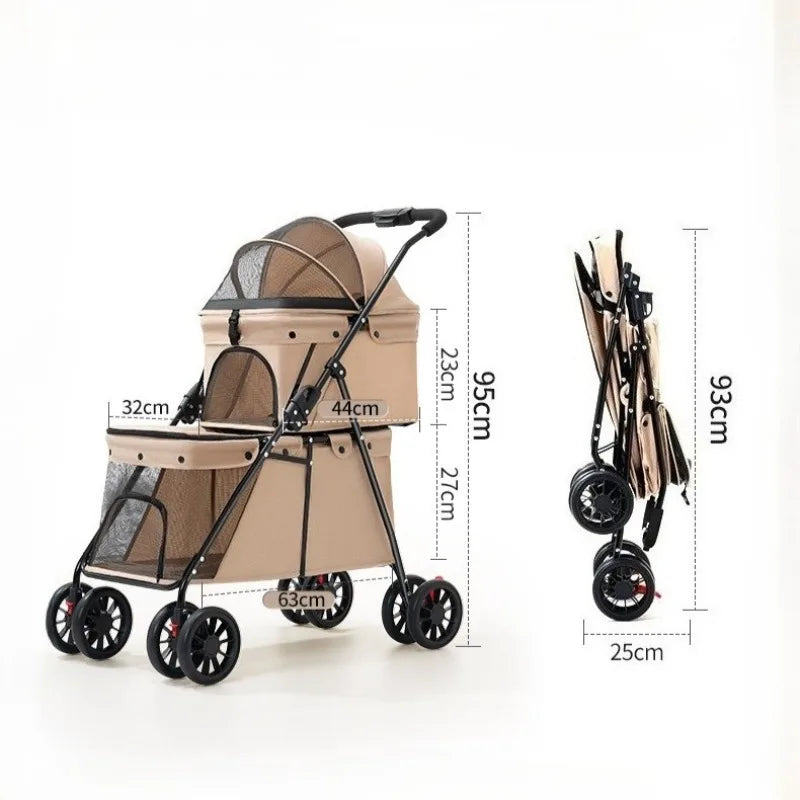 Lightweight Double-Layer Foldable Pet Stroller for Two Pets