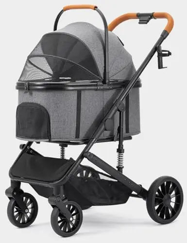4-Wheel Folding Breathable Pet Stroller with Detachable Carrier for Small & Medium Dogs & Cats — Grey