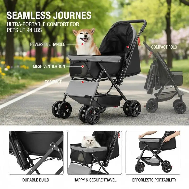4-Wheel Pet Travel Carriage with Reversible Handle & Mesh Windows — 44 lb Capacity
