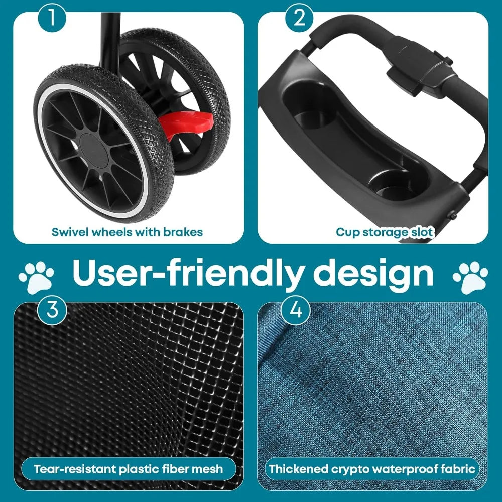 3-Wheel Foldable Pet Stroller for Small & Medium Dogs & Cats with Mesh Canopy & Cup Holders