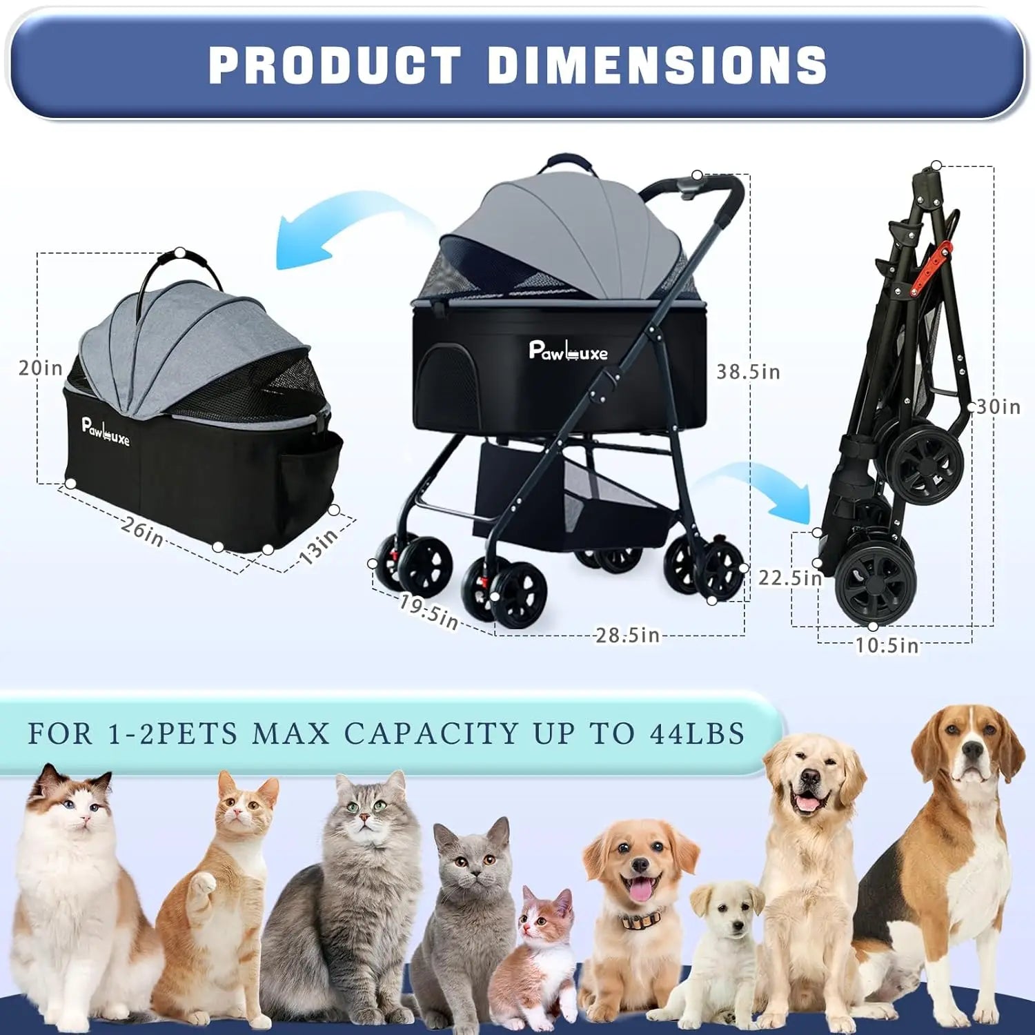 4-in-1 Easy-Fold Pet Stroller with Detachable Carrier for Dogs & Cats — Max 55 lbs
