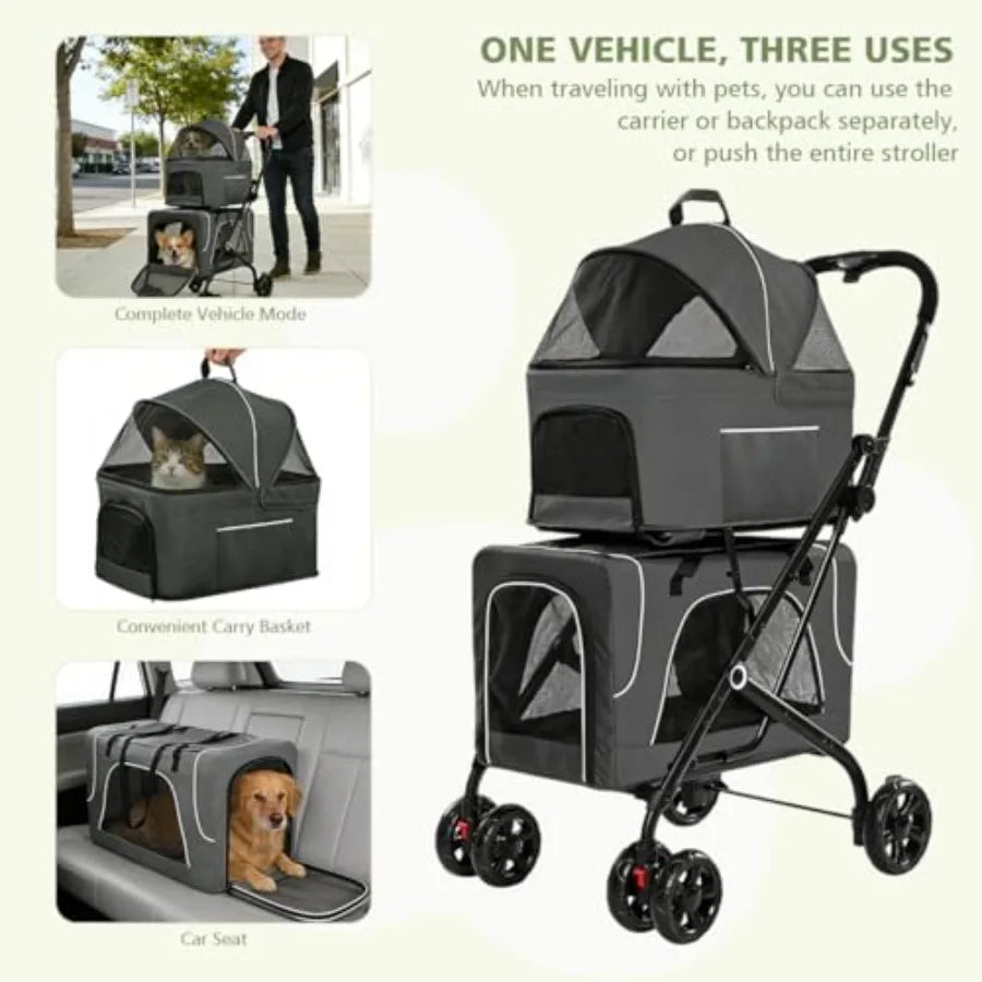 2-Tier Double Pet Stroller with Detachable Carriers for Dogs, Cats & Rabbits