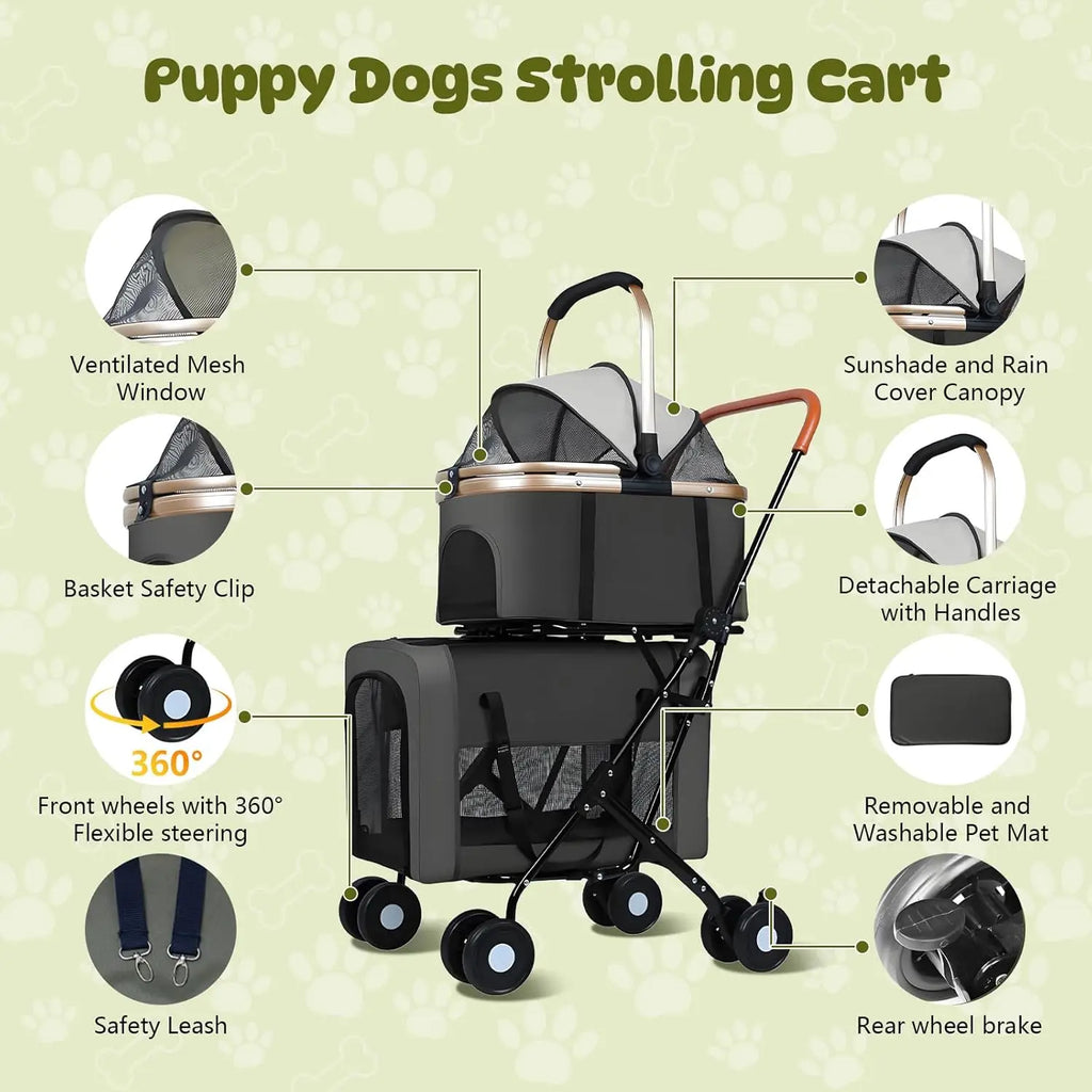Double Pet Stroller for 2 Dogs & Cats — Foldable Travel Carriage with Detachable Carriers, Safety Belts & 4 Lockable Wheels