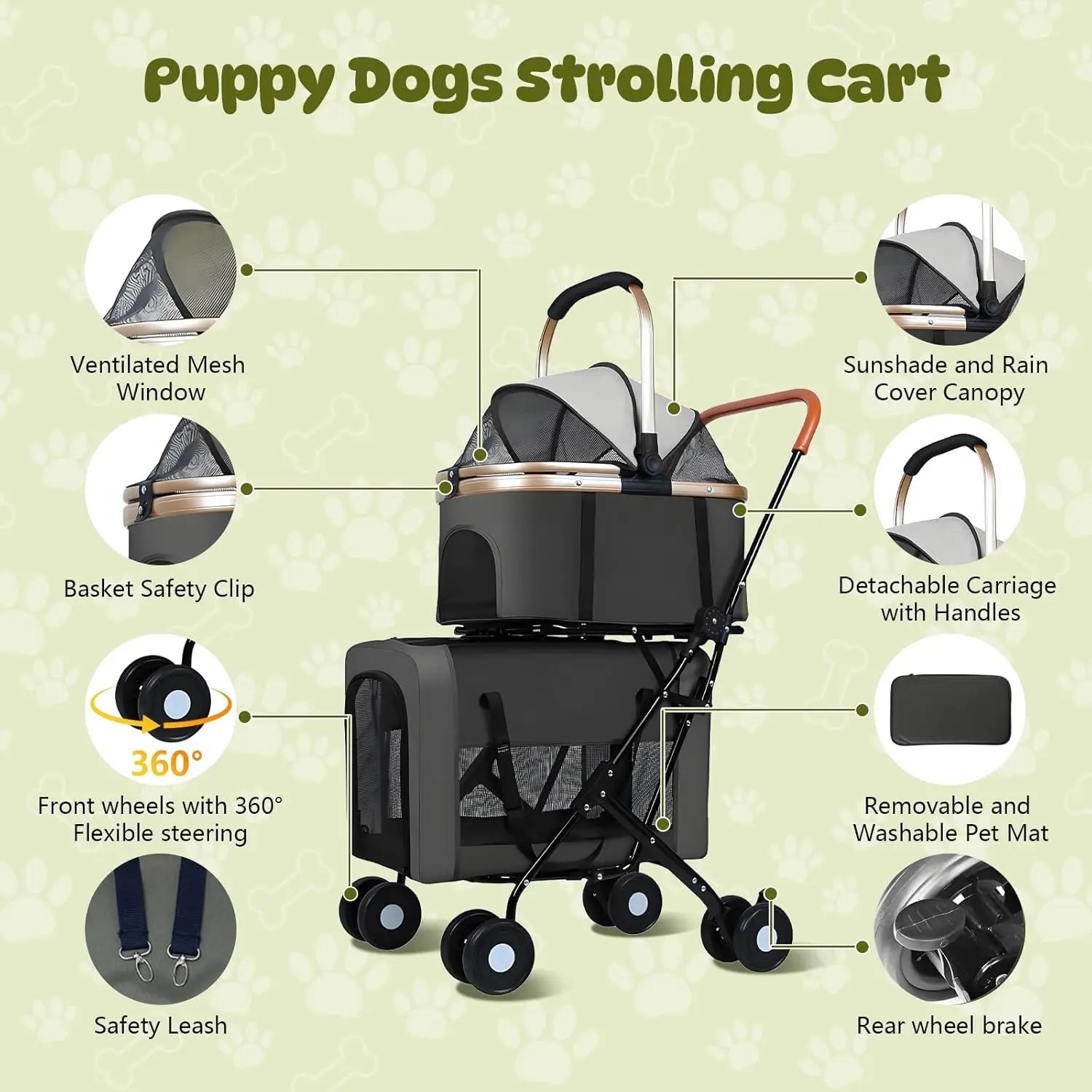 Double Pet Stroller for 2 Dogs & Cats — Foldable Travel Carriage with Detachable Carriers, Safety Belts & 4 Lockable Wheels