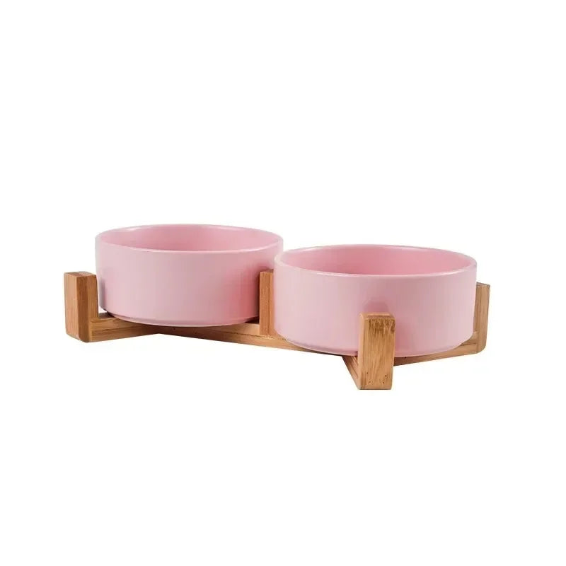 Elevated Ceramic Pet Bowl with Wood Stand