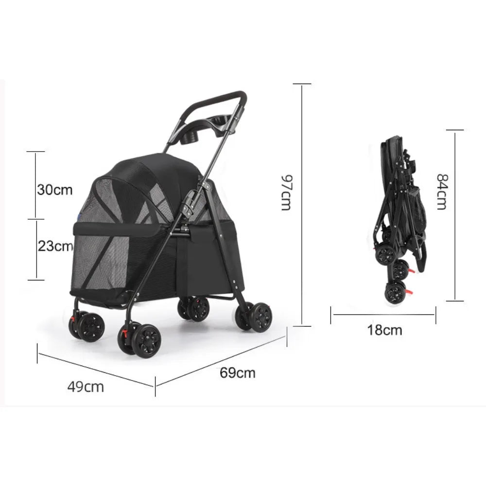 Foldable 4-Wheel Pet Pushchair Stroller with Mesh & Cup Holder for Dogs & Cats
