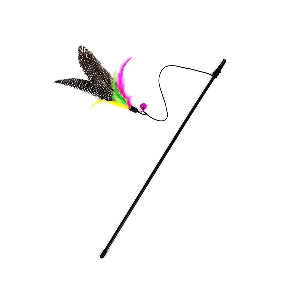 Feather Wand Cat Teaser Rod with Bell & Replacement Feathers — Interactive Kitten Toy Set