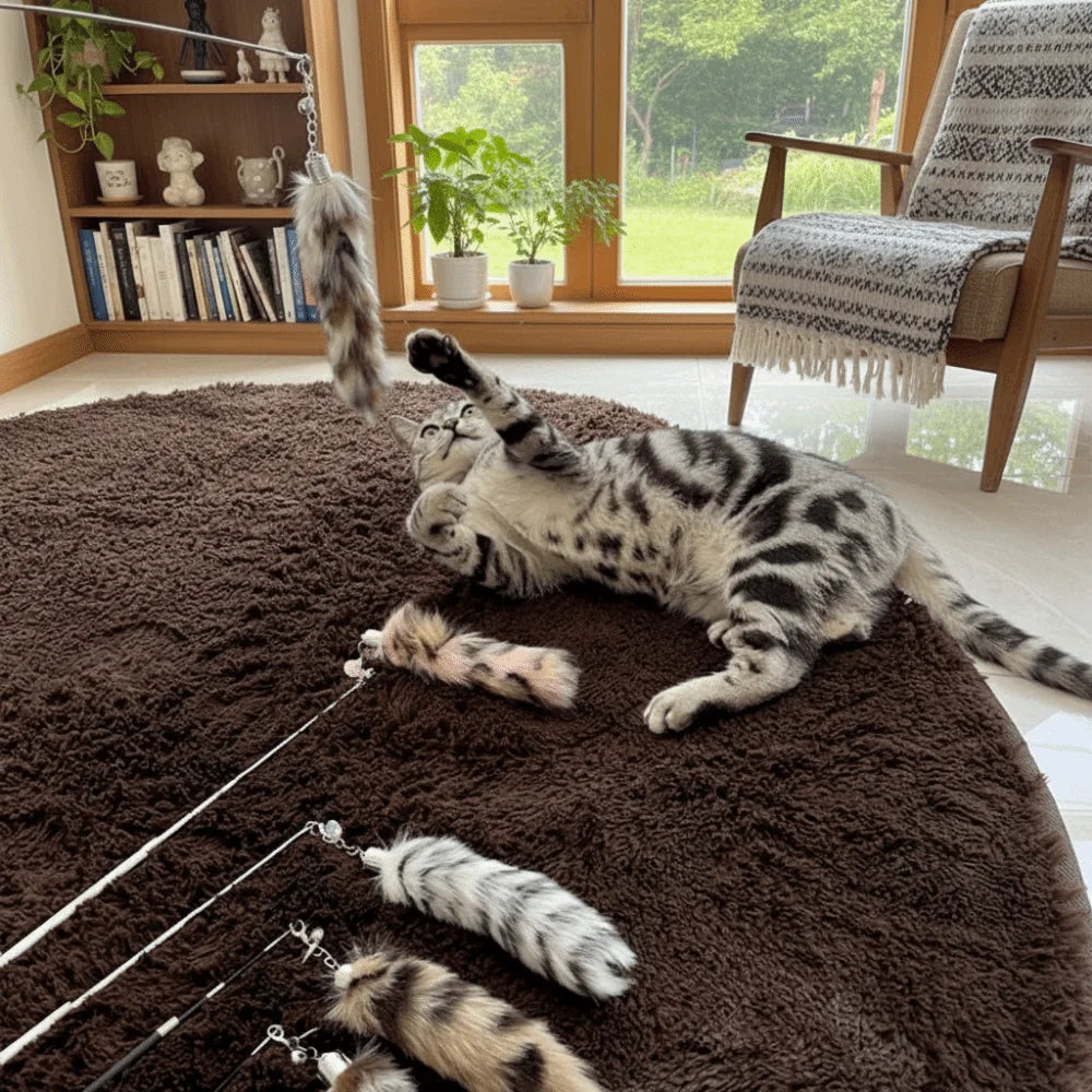 Extra-Long Telescopic Cat Wand with Faux Tail Lure — Flexible Interactive Toy