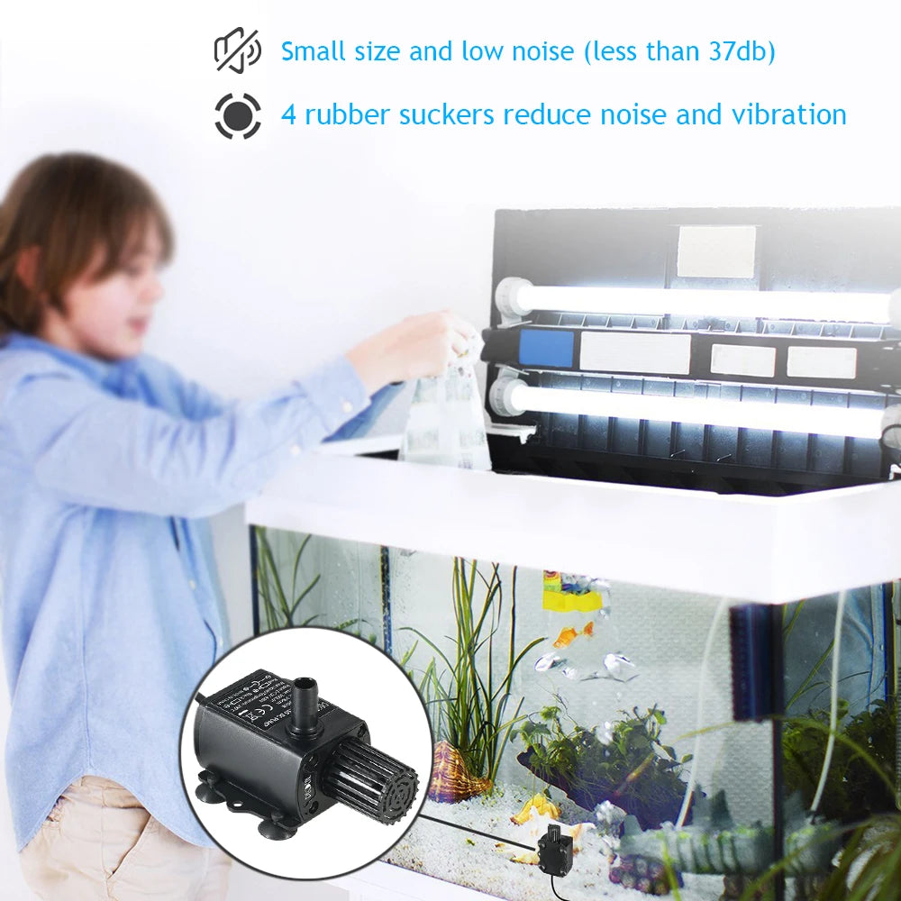 USB Brushless Submersible Aquarium Pump (DC5V, 4.8W, 300L/H, Ultra-Quiet)