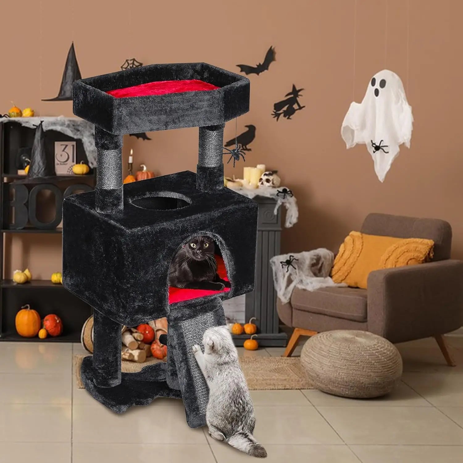 Gothic Cat Tree Tower with Coffin Bed, 33.6in, Black & Red