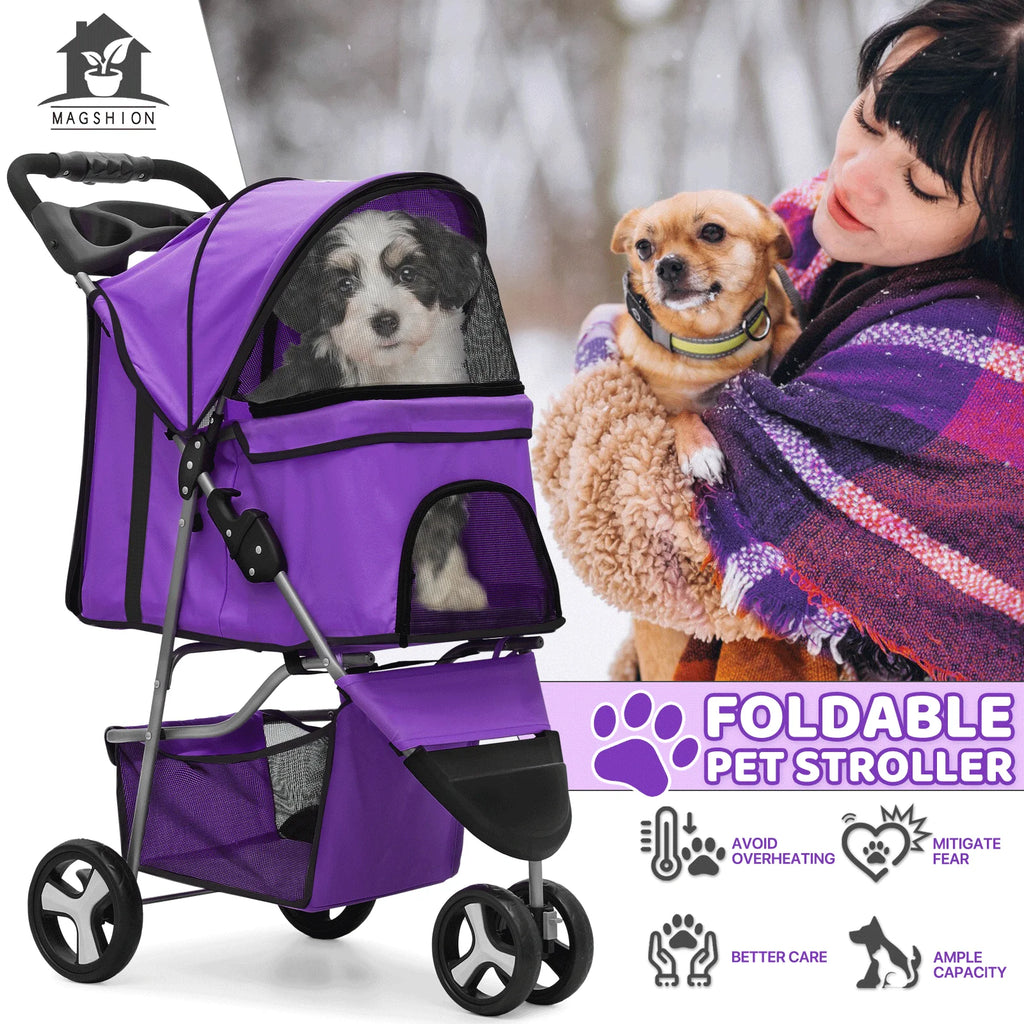 Magshion Foldable 3-Wheel Pet Jogger Stroller with Storage Basket & Cup Holder
