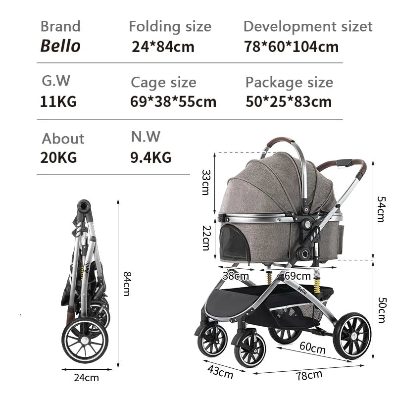 Bello Pet Trolley Stroller for Dogs & Cats — Multi-Function Travel Cart with Carrier Compartment