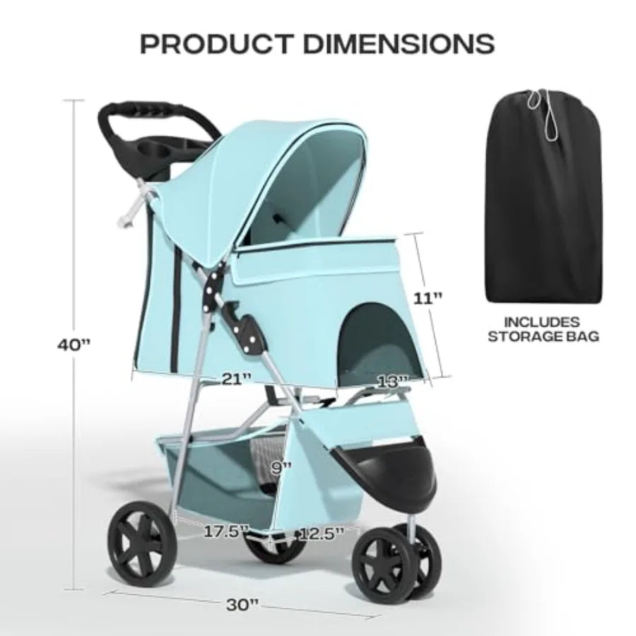 3-Wheel Foldable Double Pet Jogger Stroller for 2 Cats or Dogs up to 30 lbs