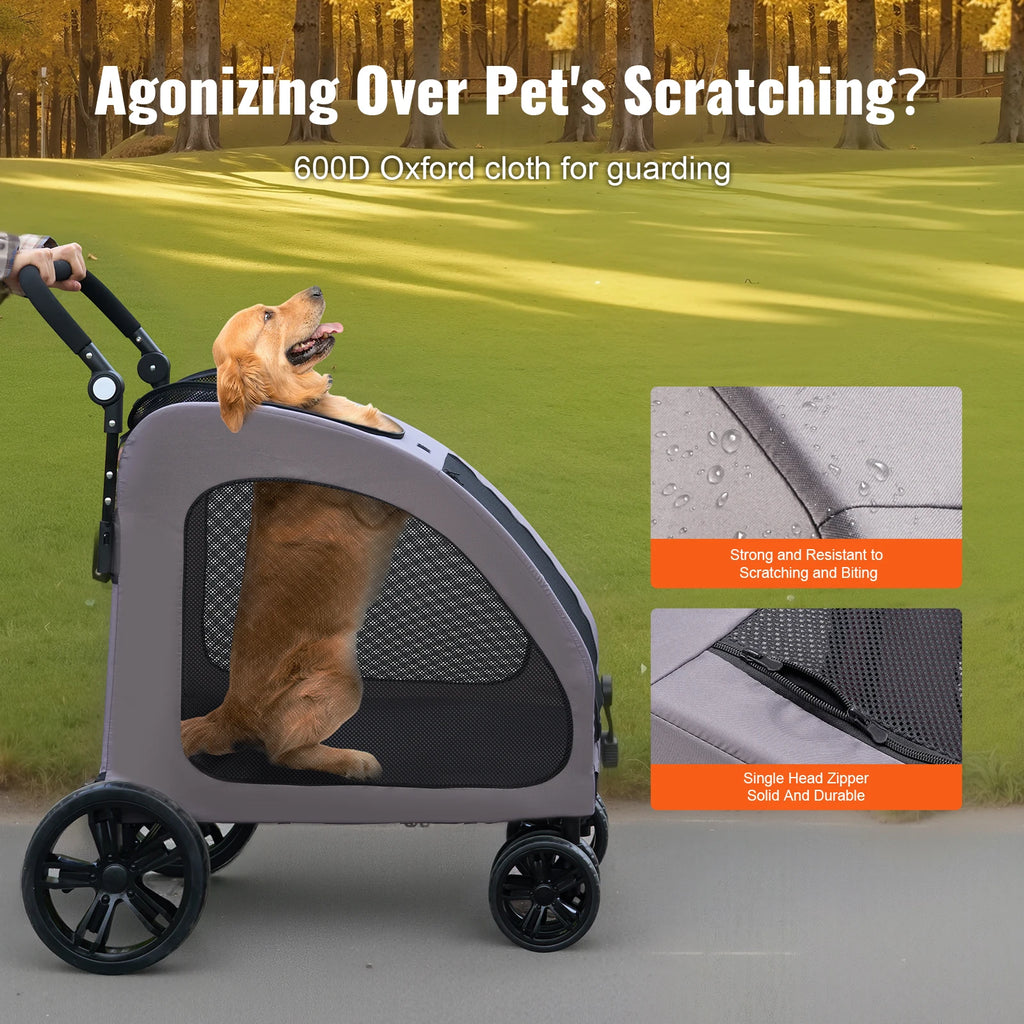 Portable Pet Stroller Carrier with Breathable Mesh Windows & Height-Adjustable Handle for Cats & Dogs