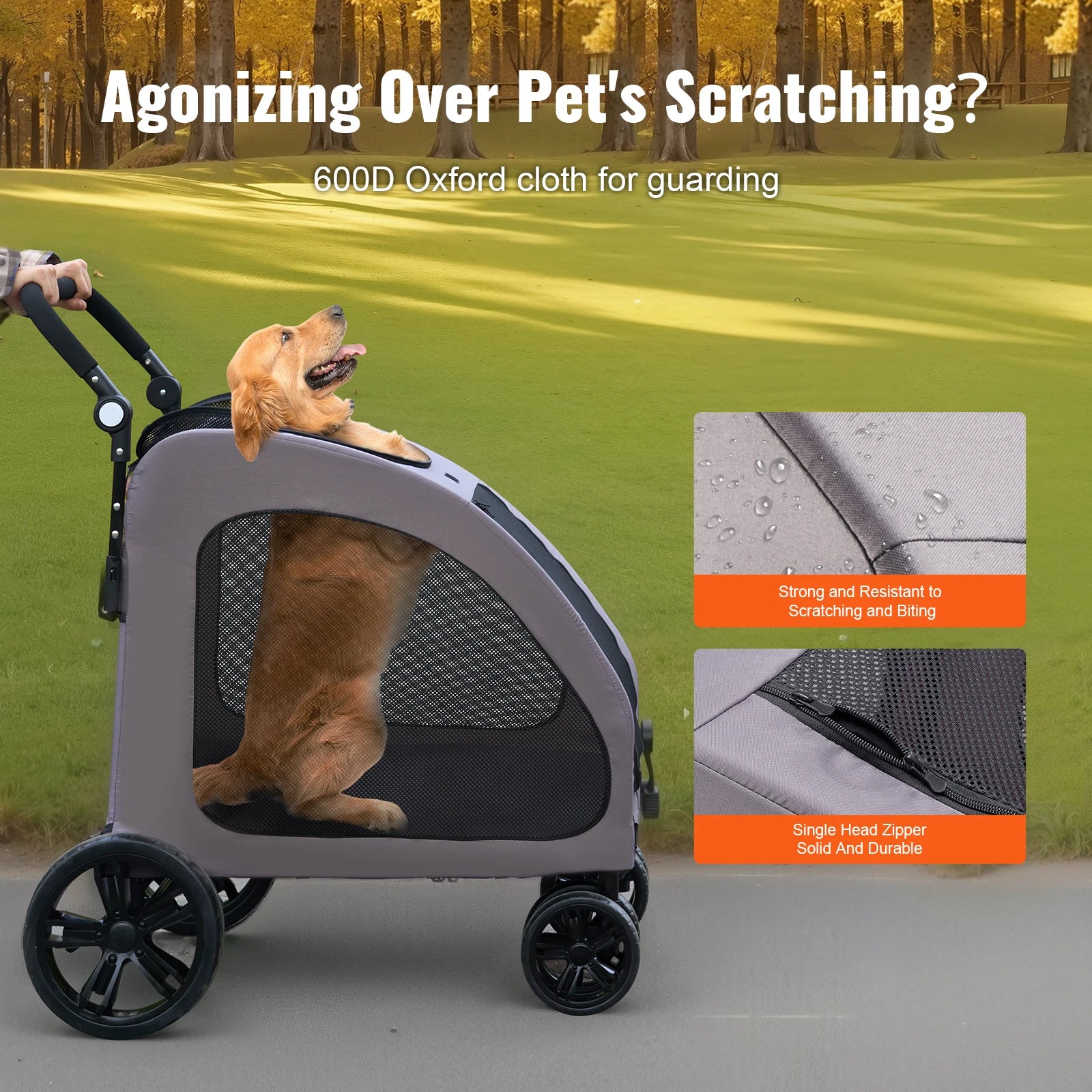 Portable Pet Stroller Carrier with Breathable Mesh Windows & Height-Adjustable Handle for Cats & Dogs