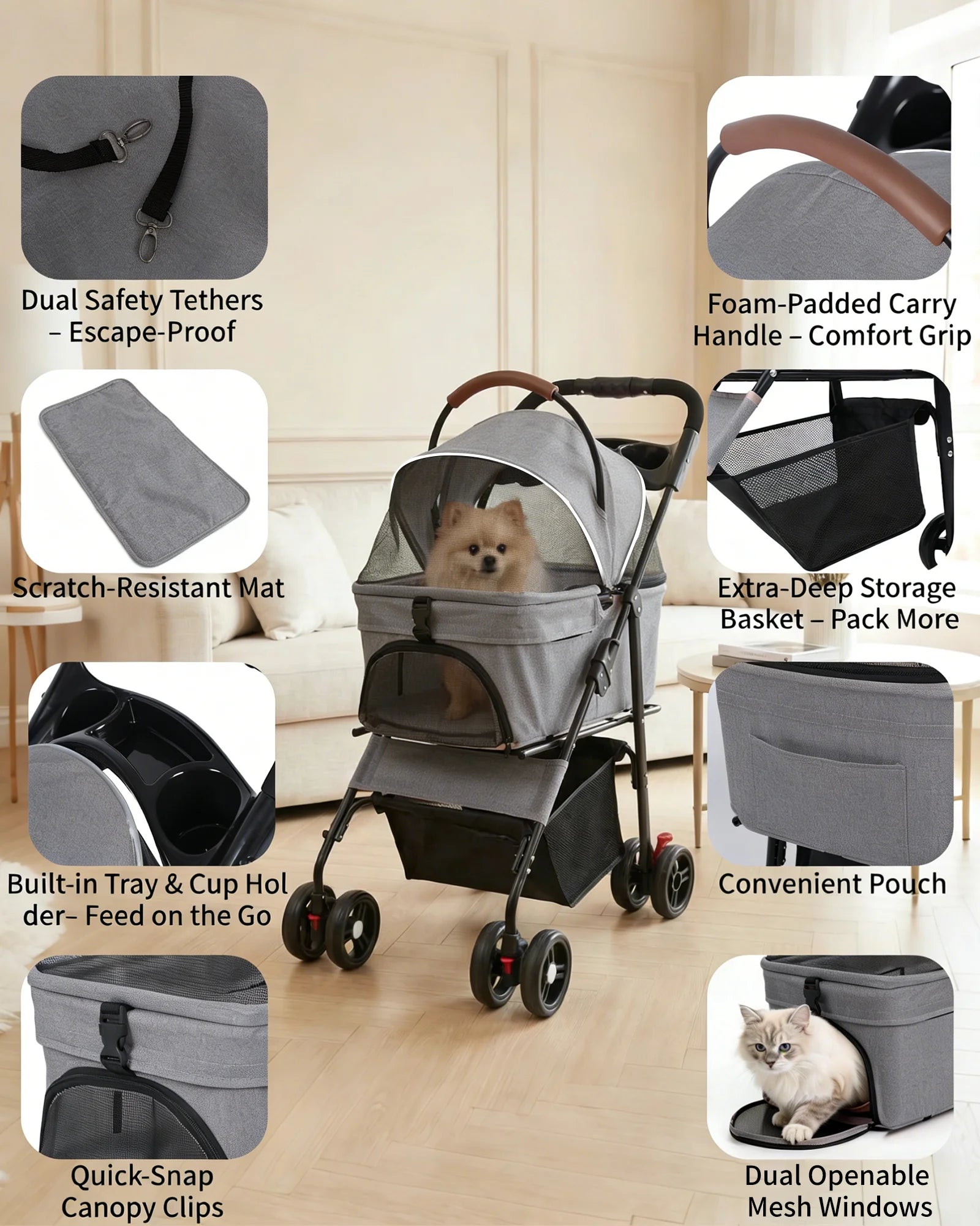 2-in-1 Dog Stroller & Carrier (Detachable, 4-Wheel, Foldable, Lightweight)