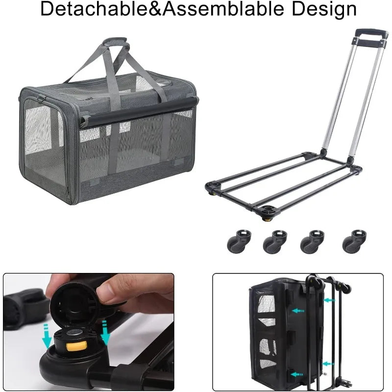 Large Rolling Pet Carrier with Wheels up to 30lbs (Breathable, Collapsible)