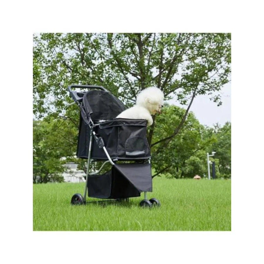 Lightweight 3-Wheel Pet Stroller with Storage Basket, Cup Holder & Breathable Mesh for Cats & Dogs