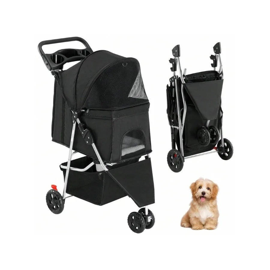 Lightweight 3-Wheel Pet Stroller with Storage Basket, Cup Holder & Breathable Mesh for Cats & Dogs