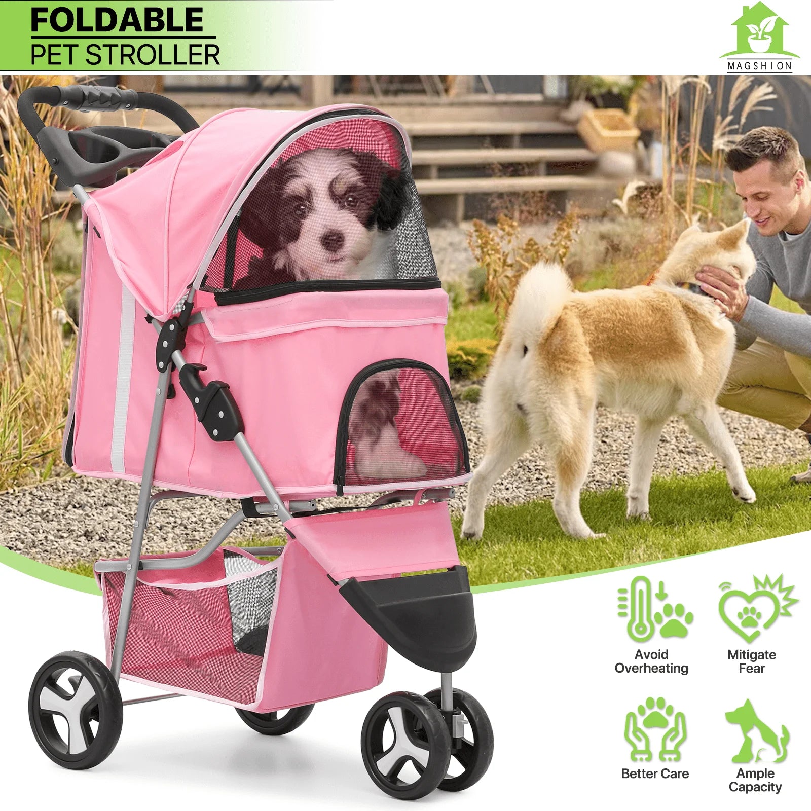 Magshion Foldable 3-Wheel Pet Jogger Stroller with Storage Basket & Cup Holder
