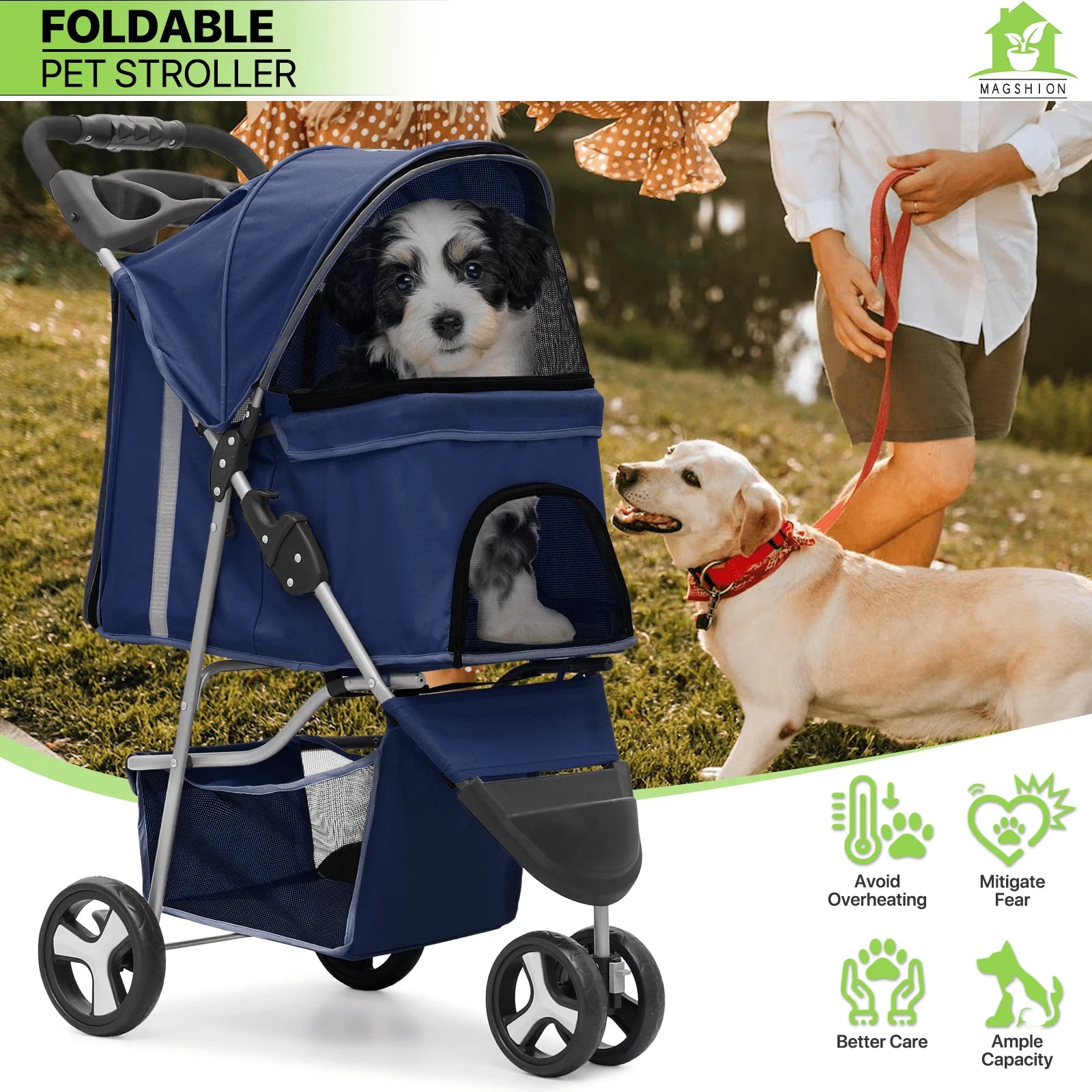 Magshion Foldable 3-Wheel Pet Jogger Stroller with Storage Basket & Cup Holder