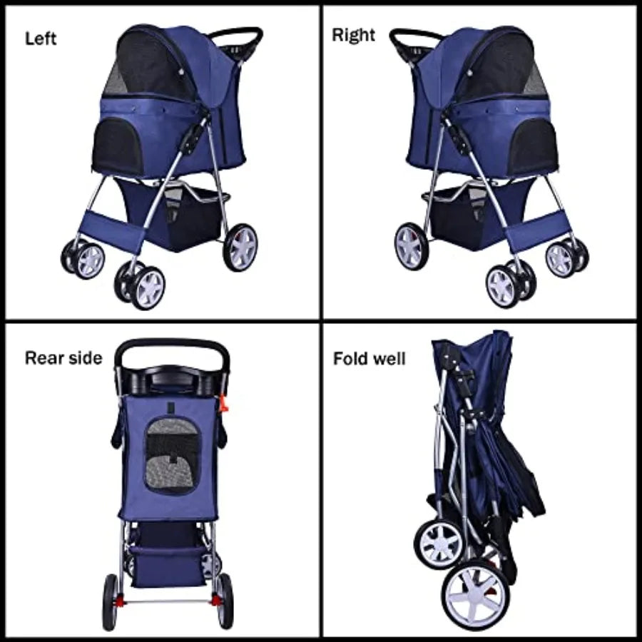 Multi-Function 4-Wheel Foldable Pet Stroller with Detachable Carrier for Dogs & Cats — Portable Travel Cart