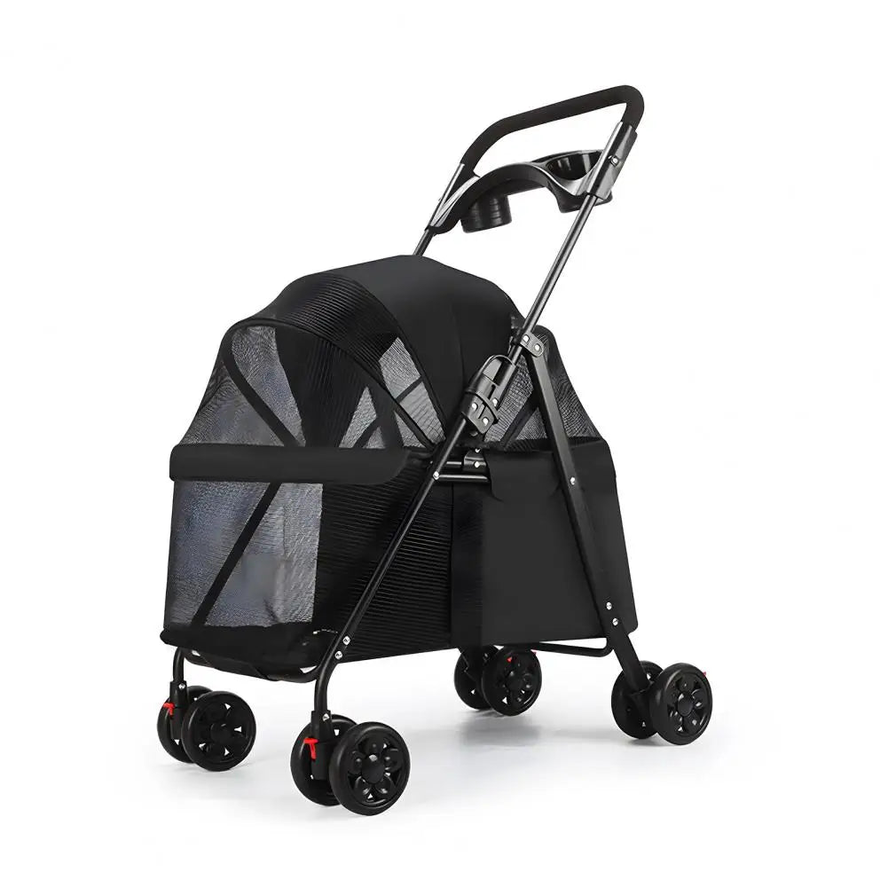 Foldable 4-Wheel Cage Pet Stroller with Cup Holder & Mesh Window for Dogs & Cats