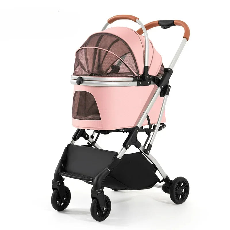 Multi-Ventilated High-View Pet Stroller with Detachable Basket & Car Travel Bag