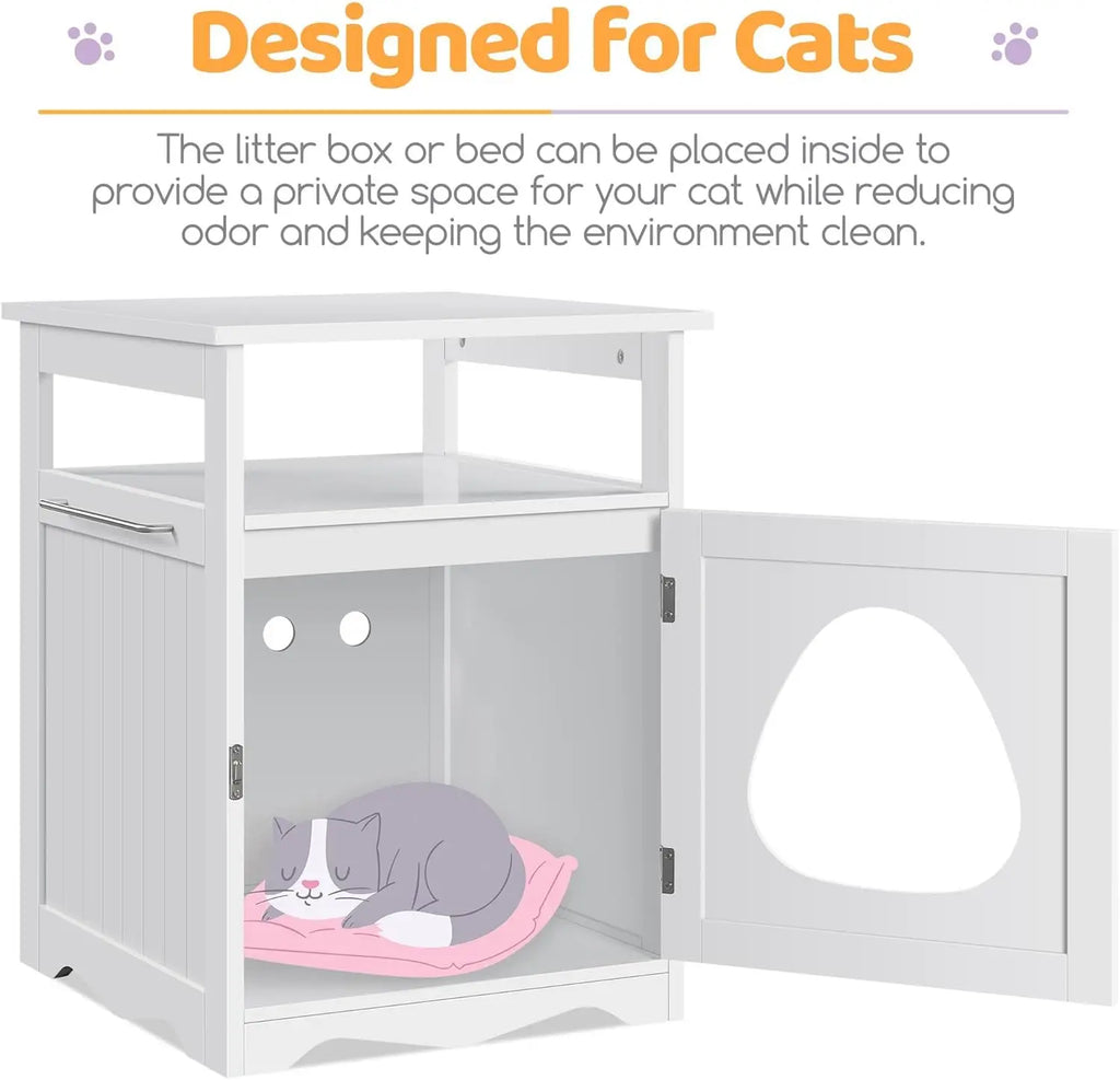 Hidden Cat Litter Box End Table with Open Shelf (White)