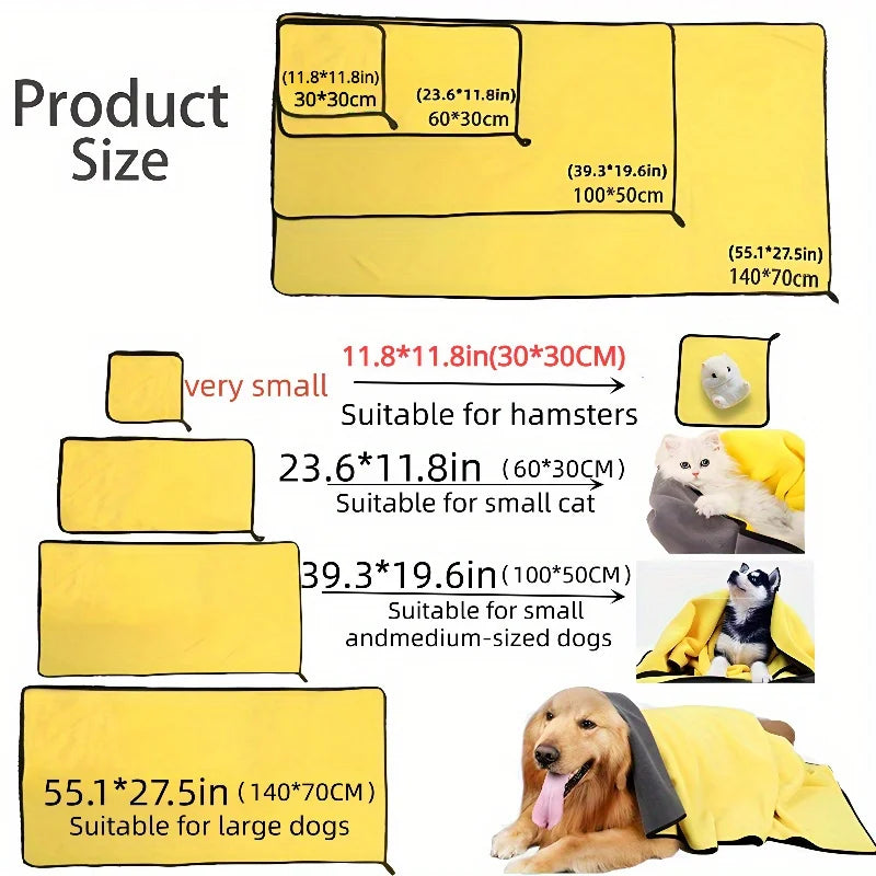 Super Absorbent Microfiber Pet Bath Towel — Quick-Drying, 4 Sizes