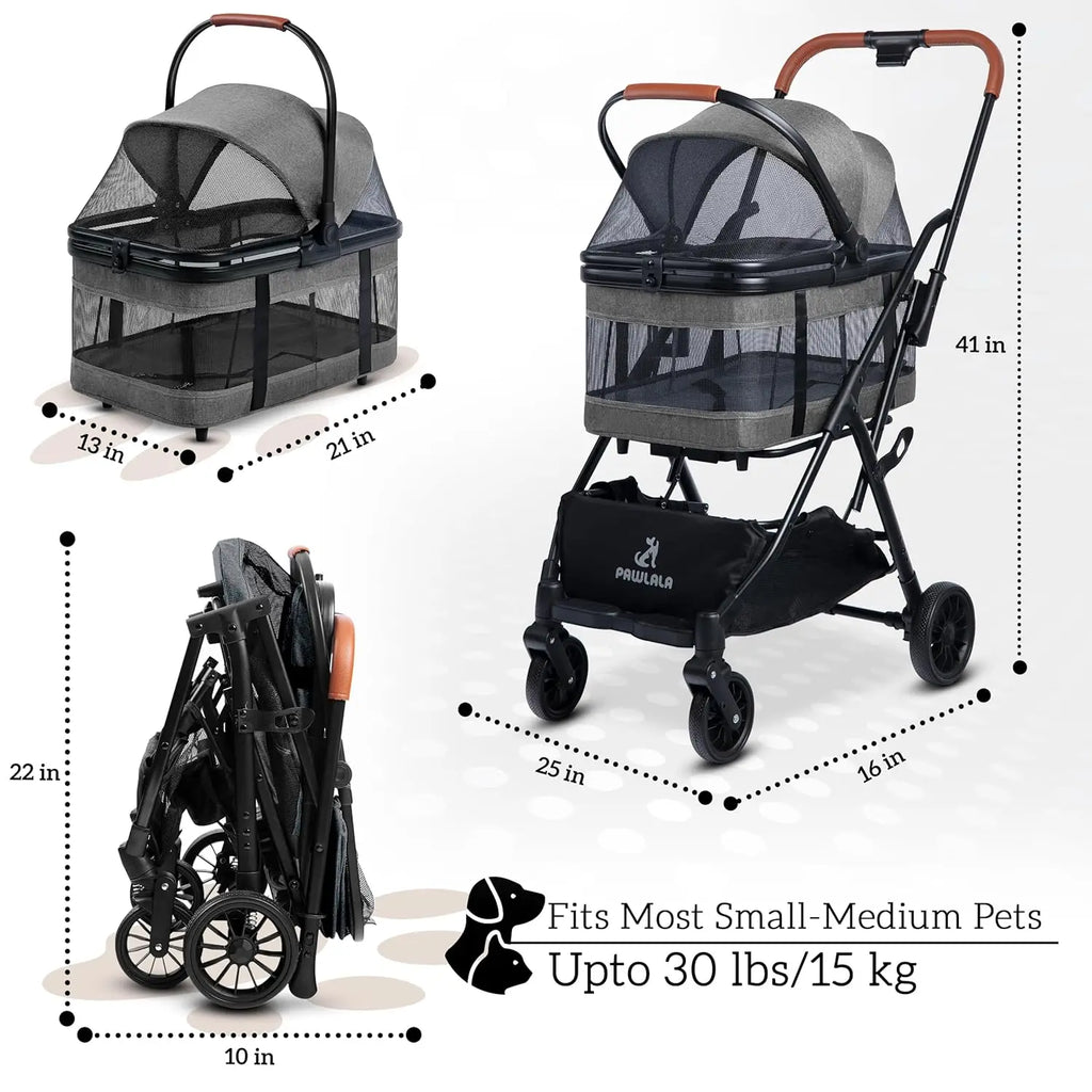 3-in-1 Compact-Fold All-Terrain Pet Stroller for Small Dogs & Cats in Gray