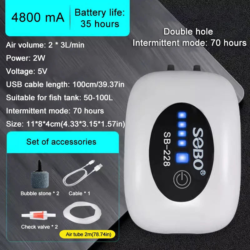 SOBO USB Rechargeable Aquarium Air Pump 600–4800mAh