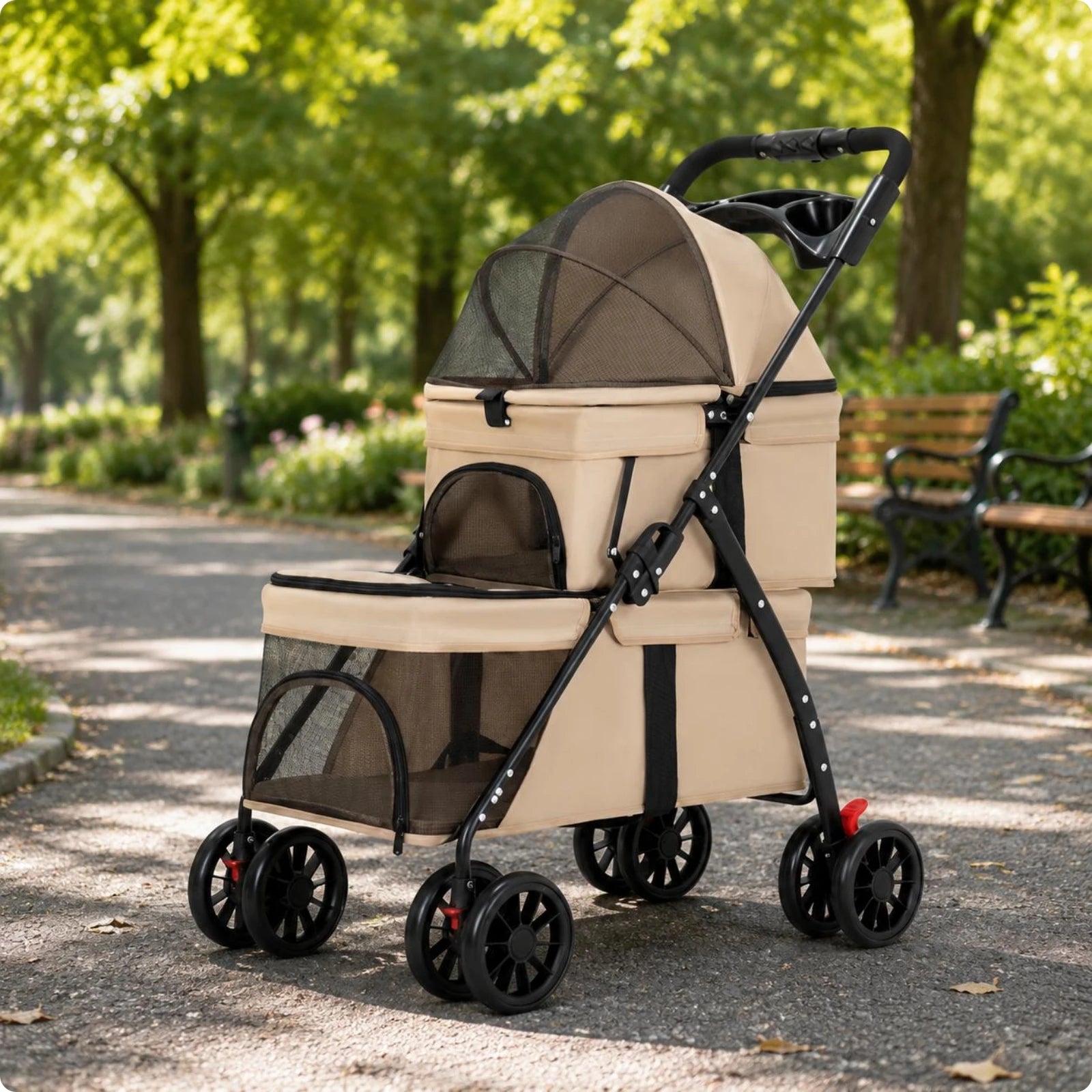 Double-Deck Pet Stroller with Lockable Wheels, Storage Pockets & Removable Liner