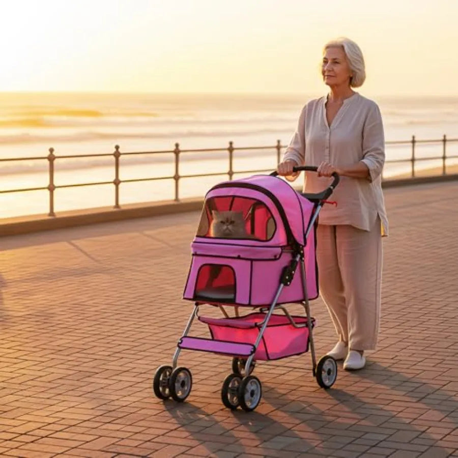 4-Wheel Foldable Lightweight Pet Stroller with Cup Holder for Small & Medium Dogs & Cats