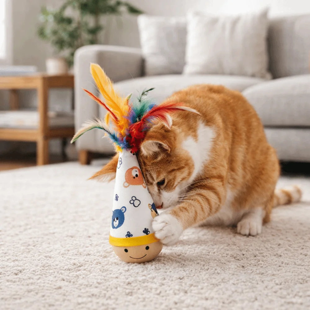 Cartoon Pattern Cat Tumbler Wobbler Toy with Feather — Bite-Resistant Kitten Wobble Ball
