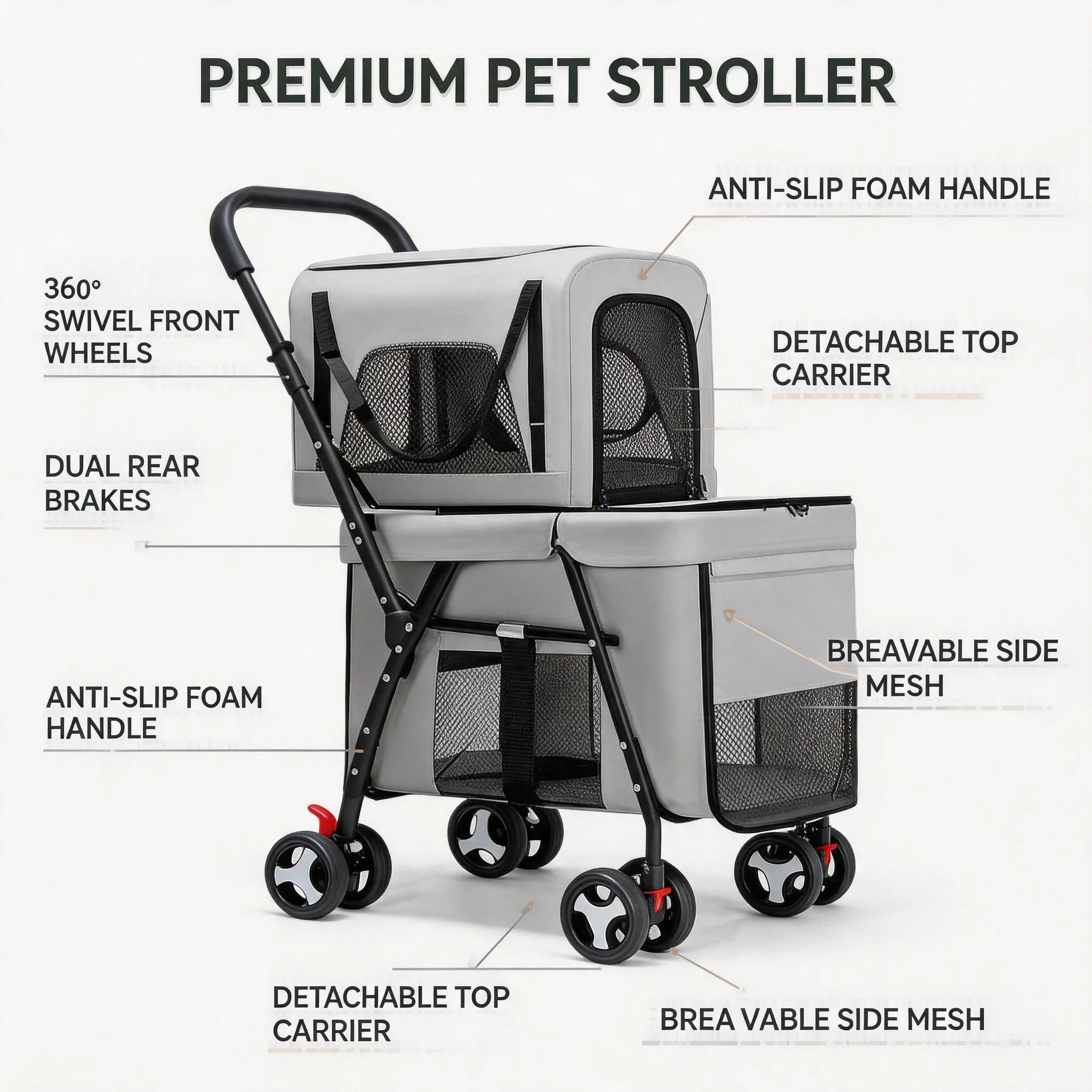 Quick-Folding Double Pet Strolling Cart with Detachable Carriers