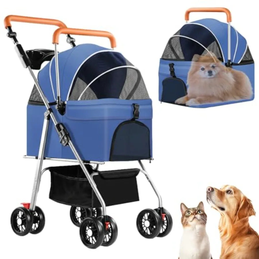 3-in-1 Multifunction 4-Wheel Folding Dog Stroller with Detachable Carrier
