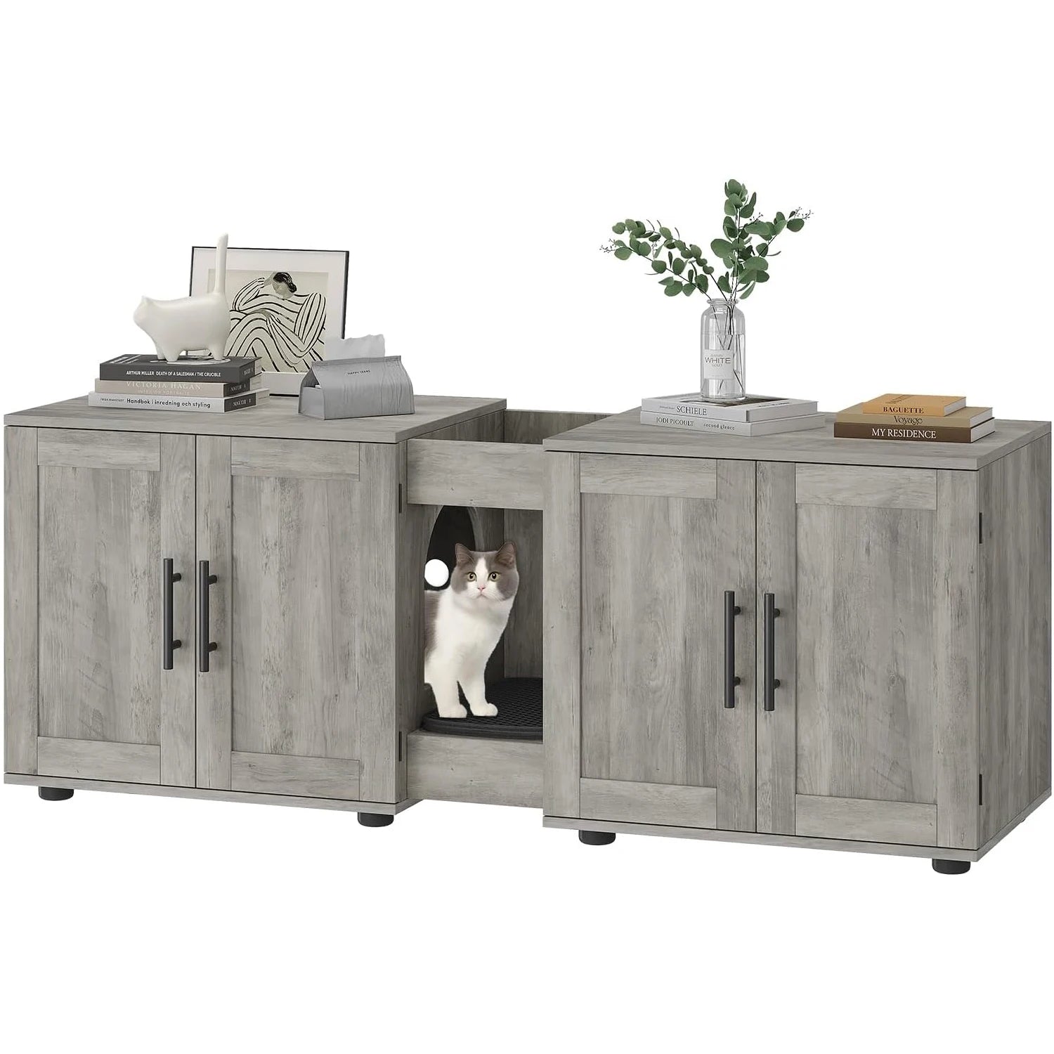 3-in-1 Wooden Cat Litter Box Cabinet with Scratching Pad