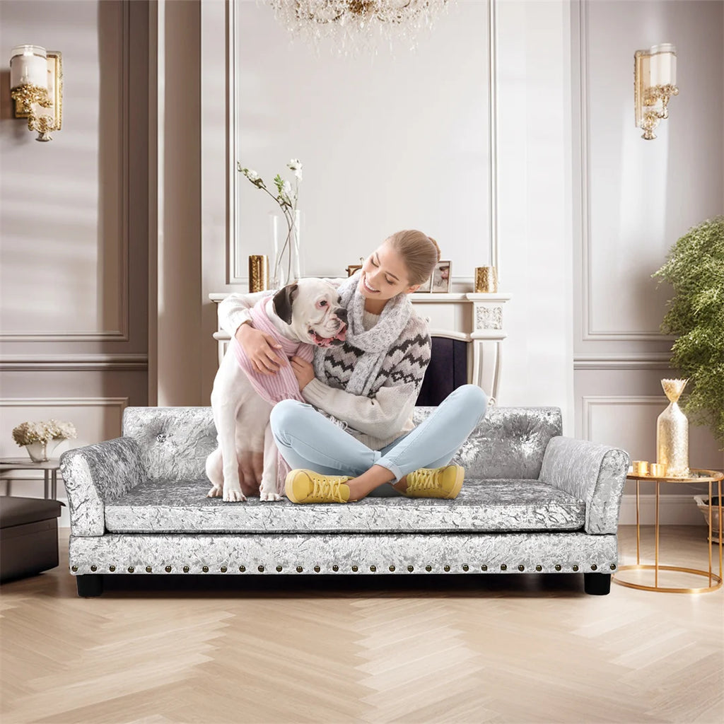 Deluxe Silver Velvet Dog Couch Sofa with Removable Cushion