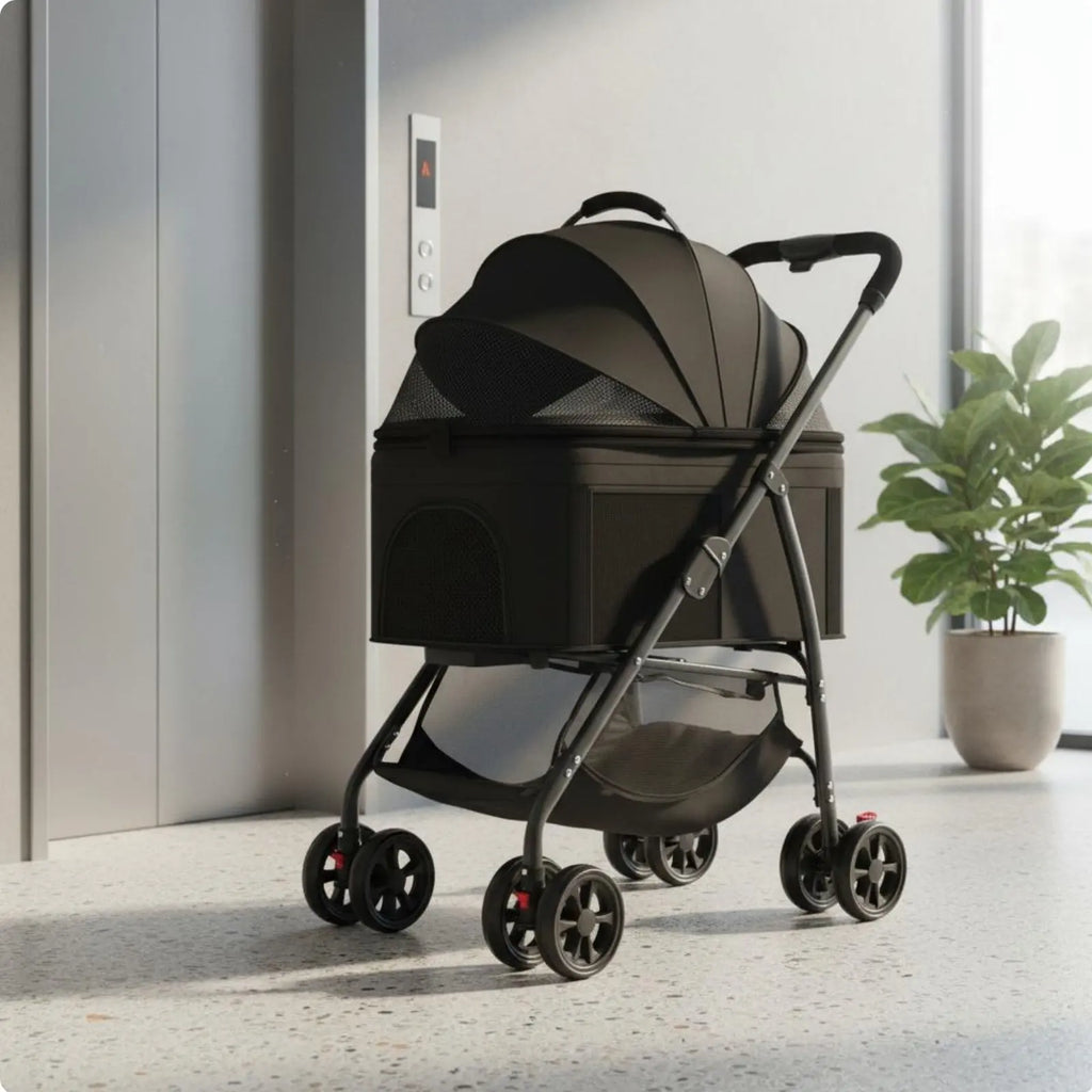 Lightweight Foldable Pet Carrier with Full-Rotation Wheels & Detachable Carrier for Dogs & Cats