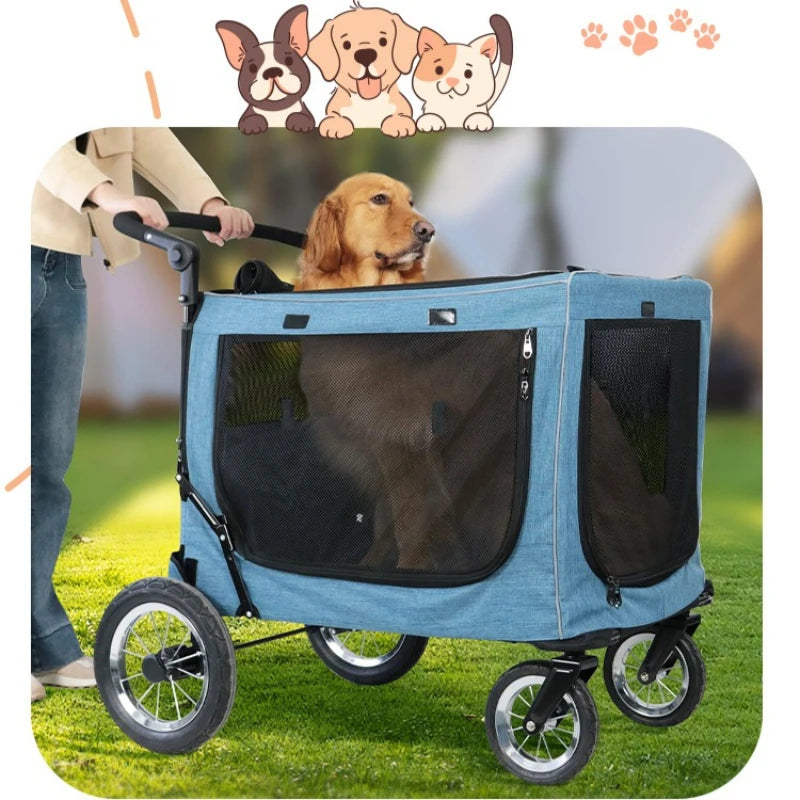 Multifunctional Camping Cart & Large Pet Stroller Trolley with Wooden Table Top for Dogs