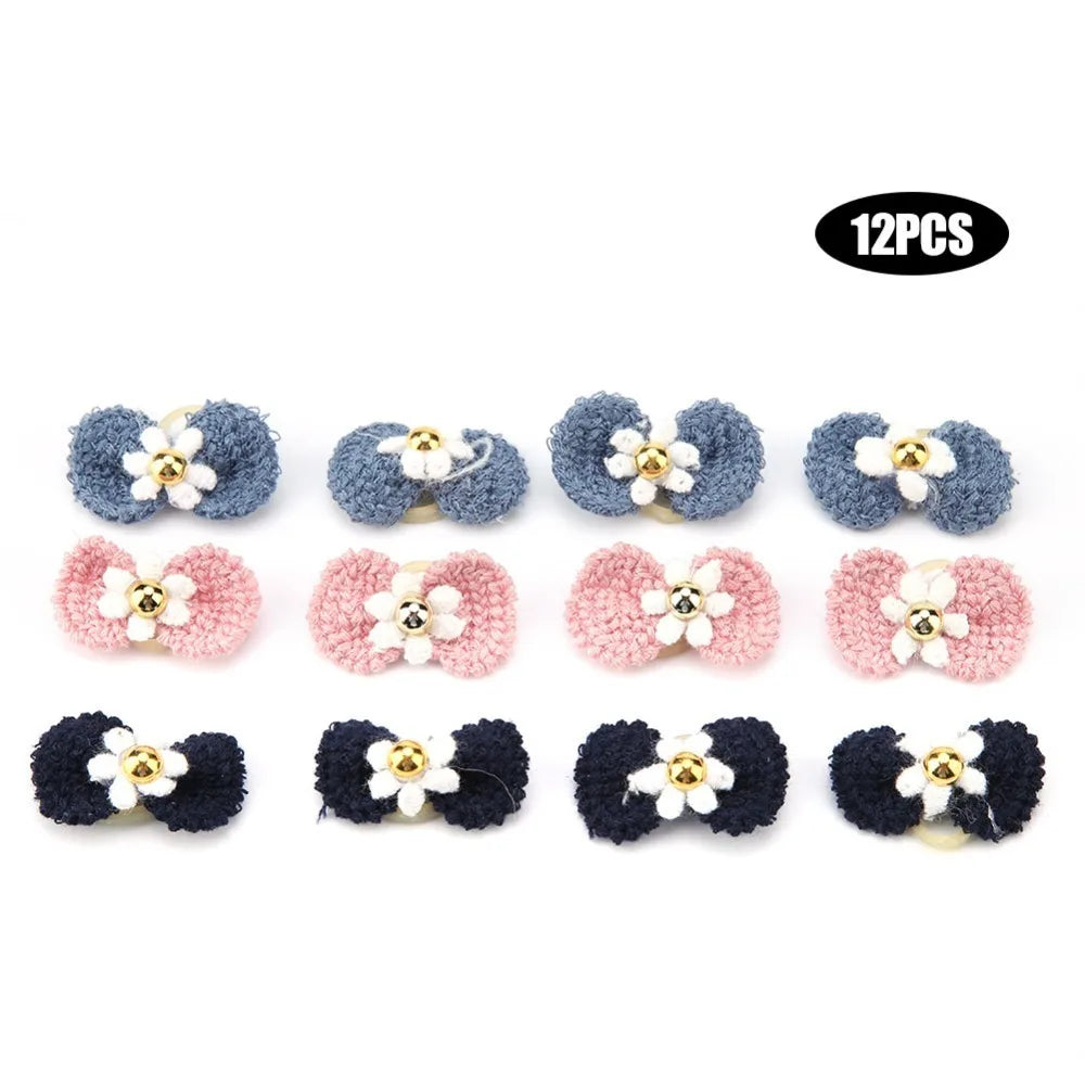 Yarn Bow Pet Hair Ties 12-Pack (Cute Style, Elastic, Various Colors)