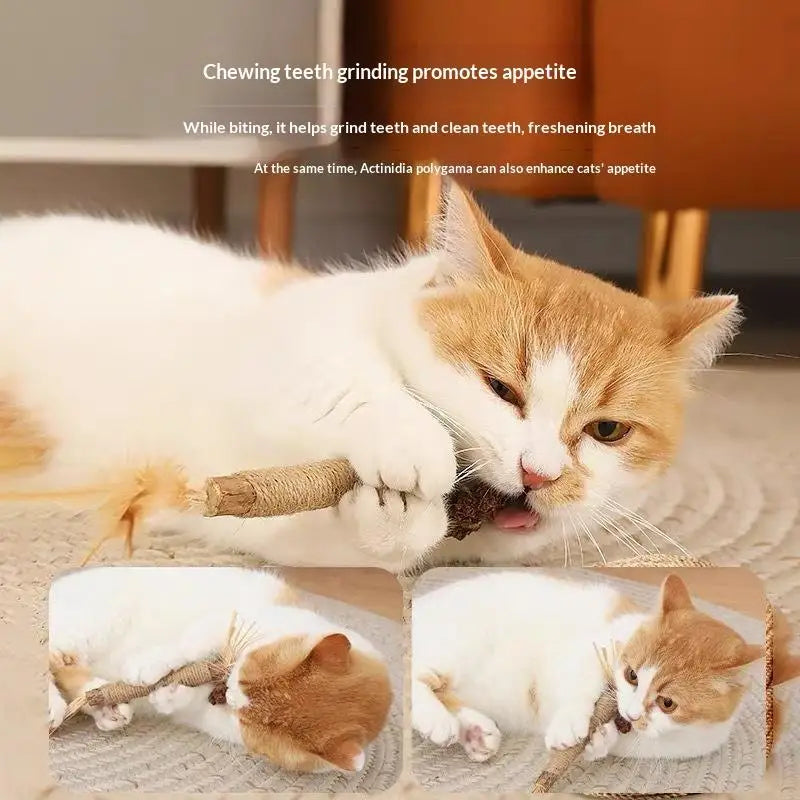 Natural Wood Knotweed Cat Teething Sticks — Sisal Rope & Raffia
