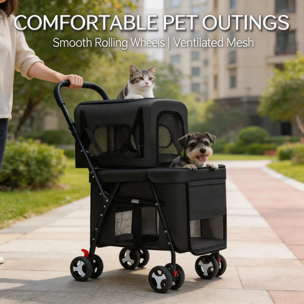 Quick-Folding Portable Double Pet Stroller with Detachable Carriers