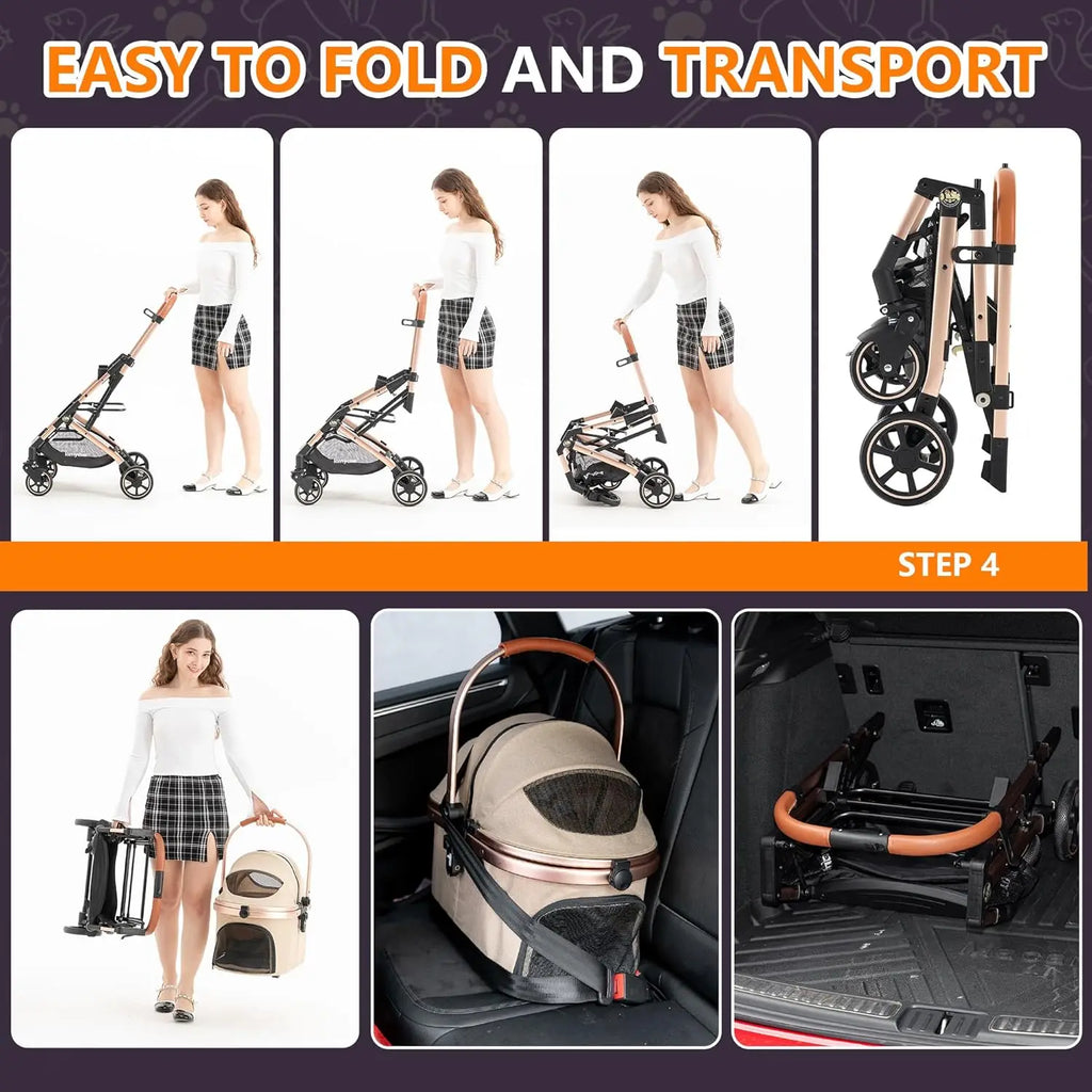 3-in-1 Aluminum Alloy Pet Stroller with Dual No-Zip Entry, Detachable Carrier & Pet Pad — Foldable