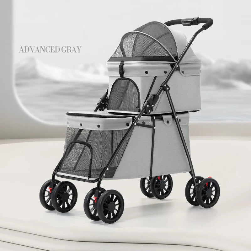 Lightweight Double-Layer Foldable Pet Stroller for Two Pets