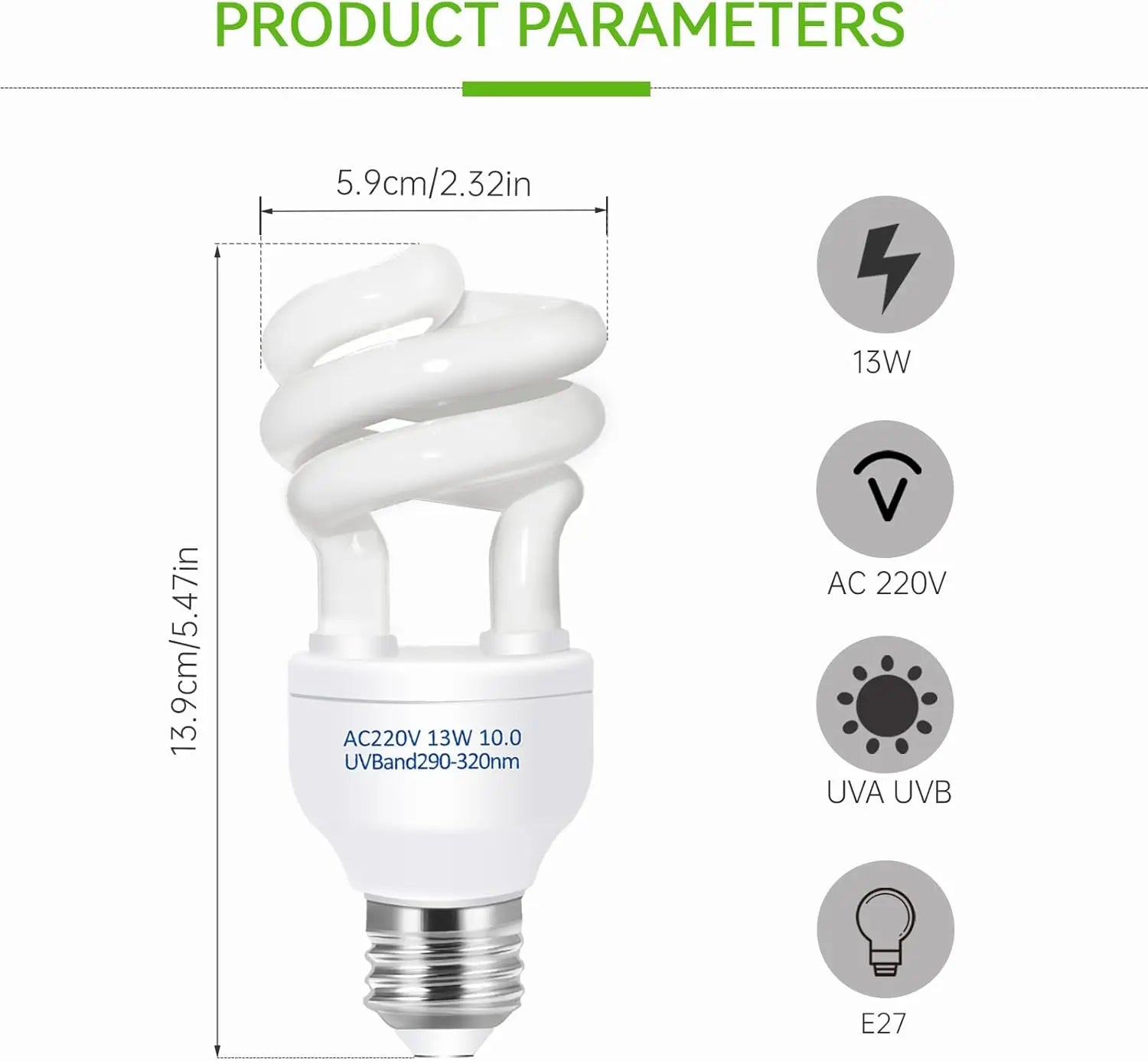 UVB Calcium Supplement Lamp — Energy-Saving E27 Bulb, 5.0 or 10.0
